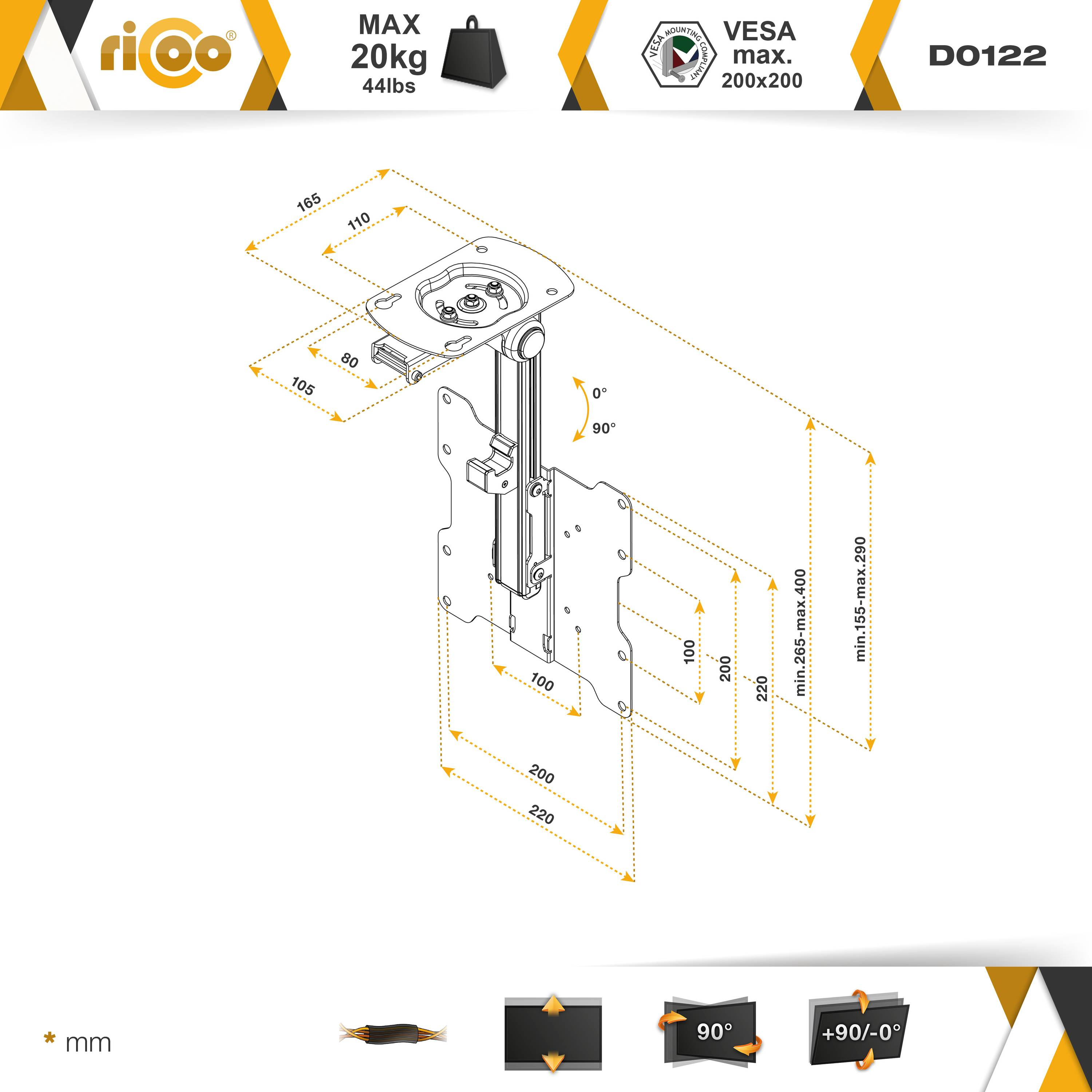 Schwarz höhenverstellbar 200 Fernseher Deckenhalterung, VESA TV Halterung x D0122 universal 200 schwenkbar RICOO klappbar