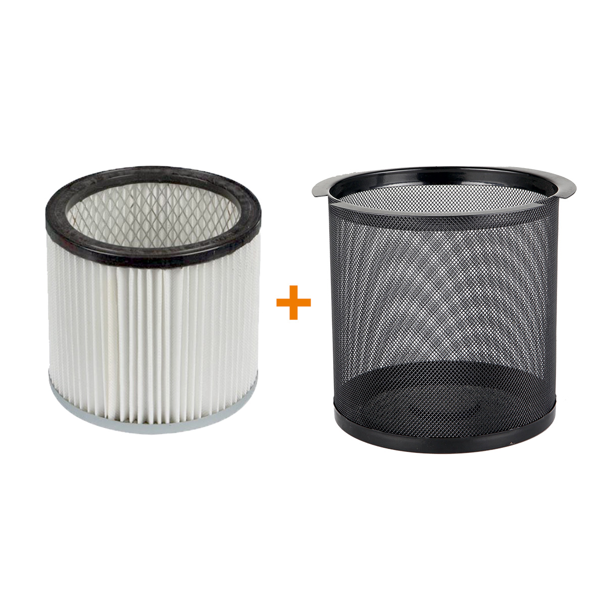 Un filtro bianco e un cestino a rete nero, il filtro e il cestino sono posizionati su una superficie bianca.