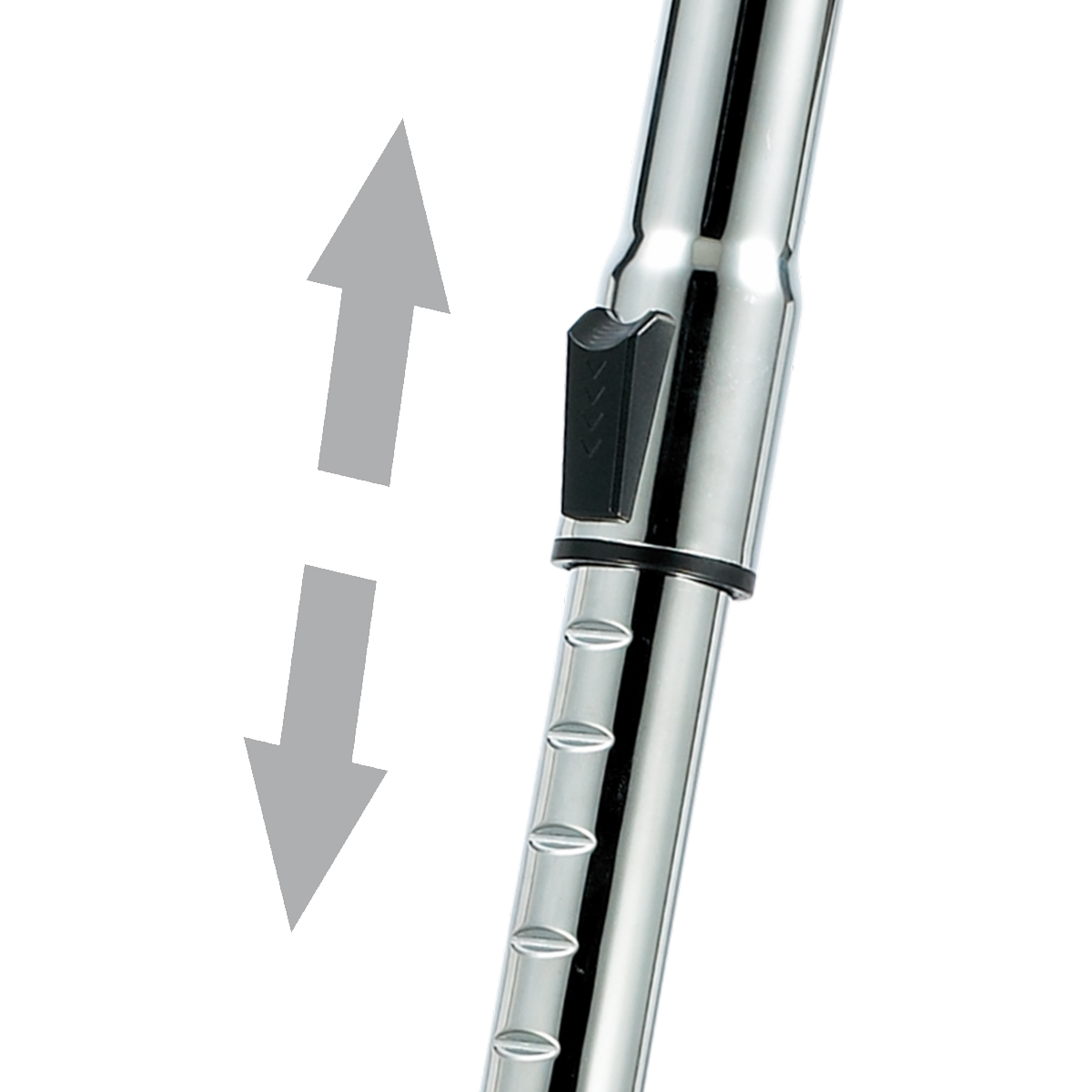 Chromowana rura odkurzacza z czarną dźwignią regulacji i strzałkami góra/dół.