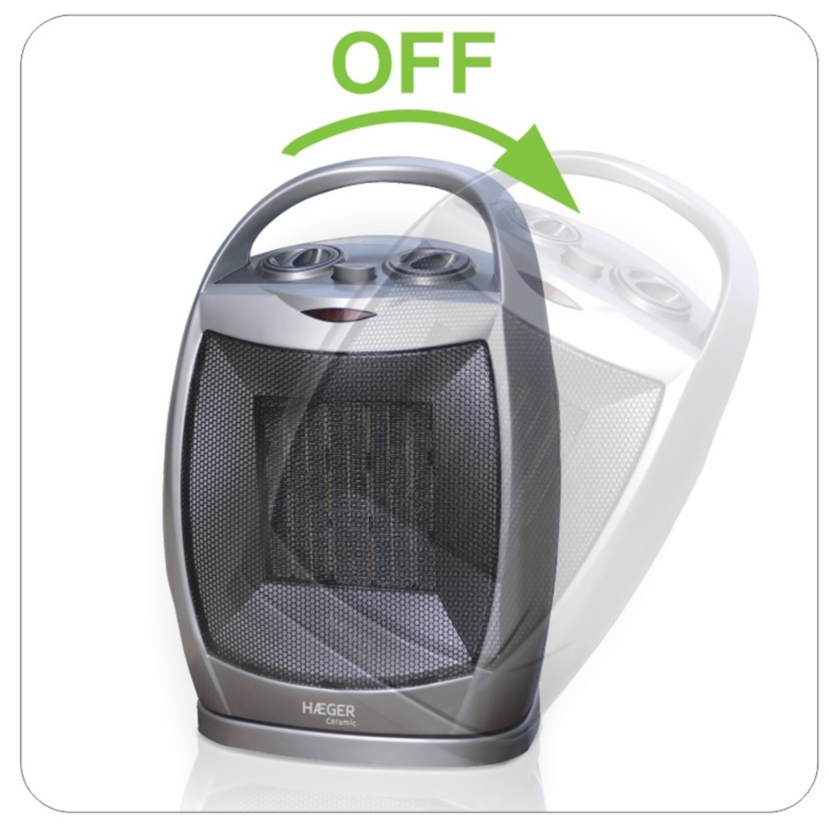 Srebrno-szary grzejnik z uchwytem. Tekst powyżej mówi WYŁ.