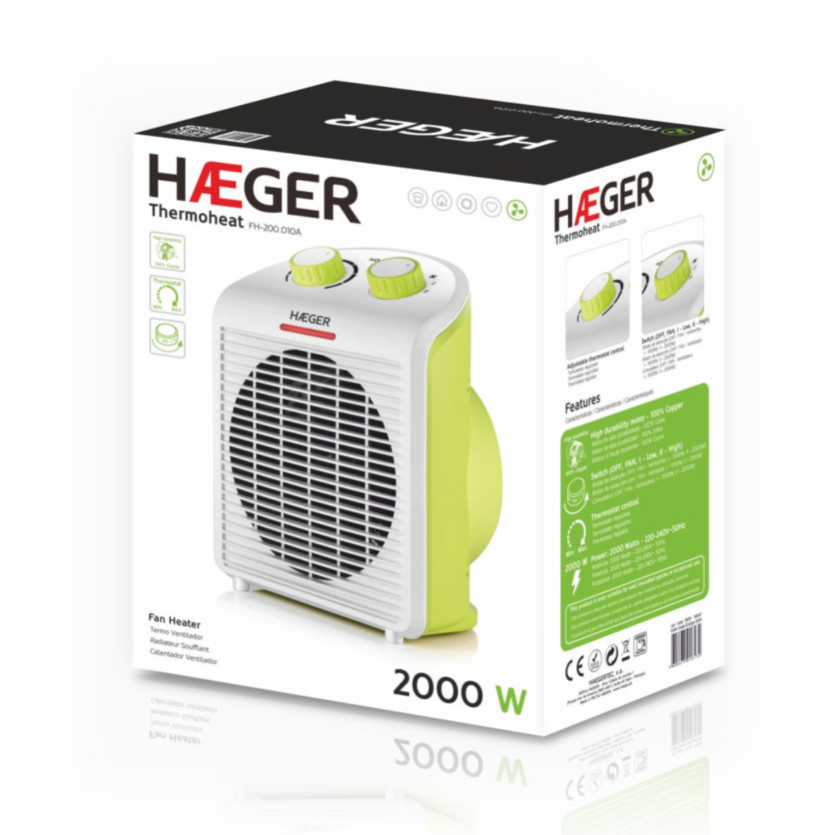 Pudełko na grzejnik wentylatorowy Häger Thermoheat, pokazujące produkt i jego funkcje.