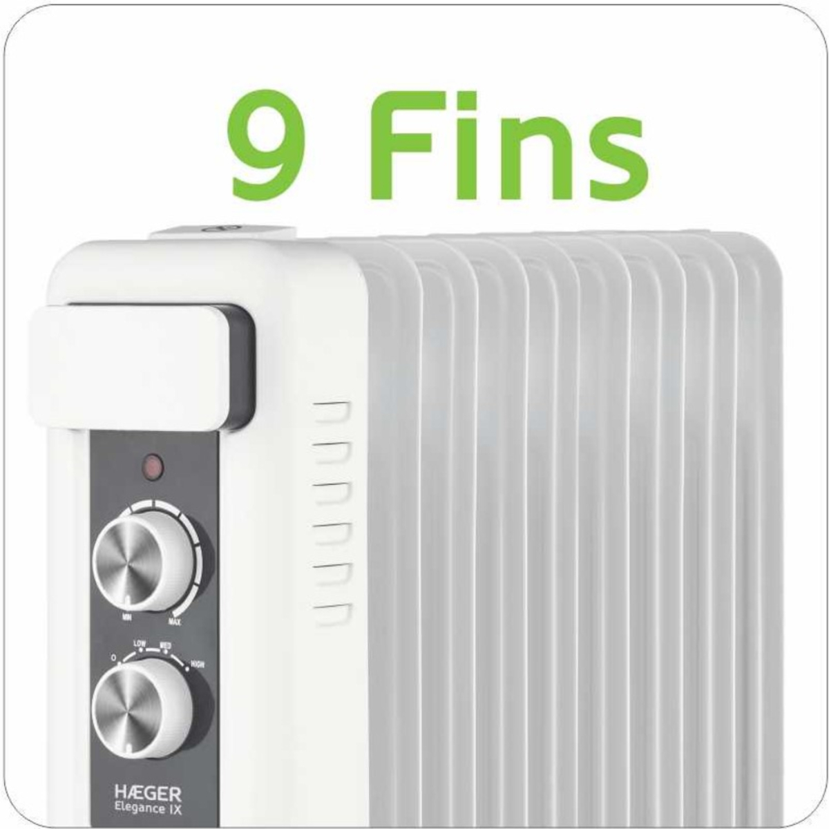 Biały grzejnik olejowy z 9 żeberkami. Ma dwa pokrętła i logo HAeger Elegance IX.