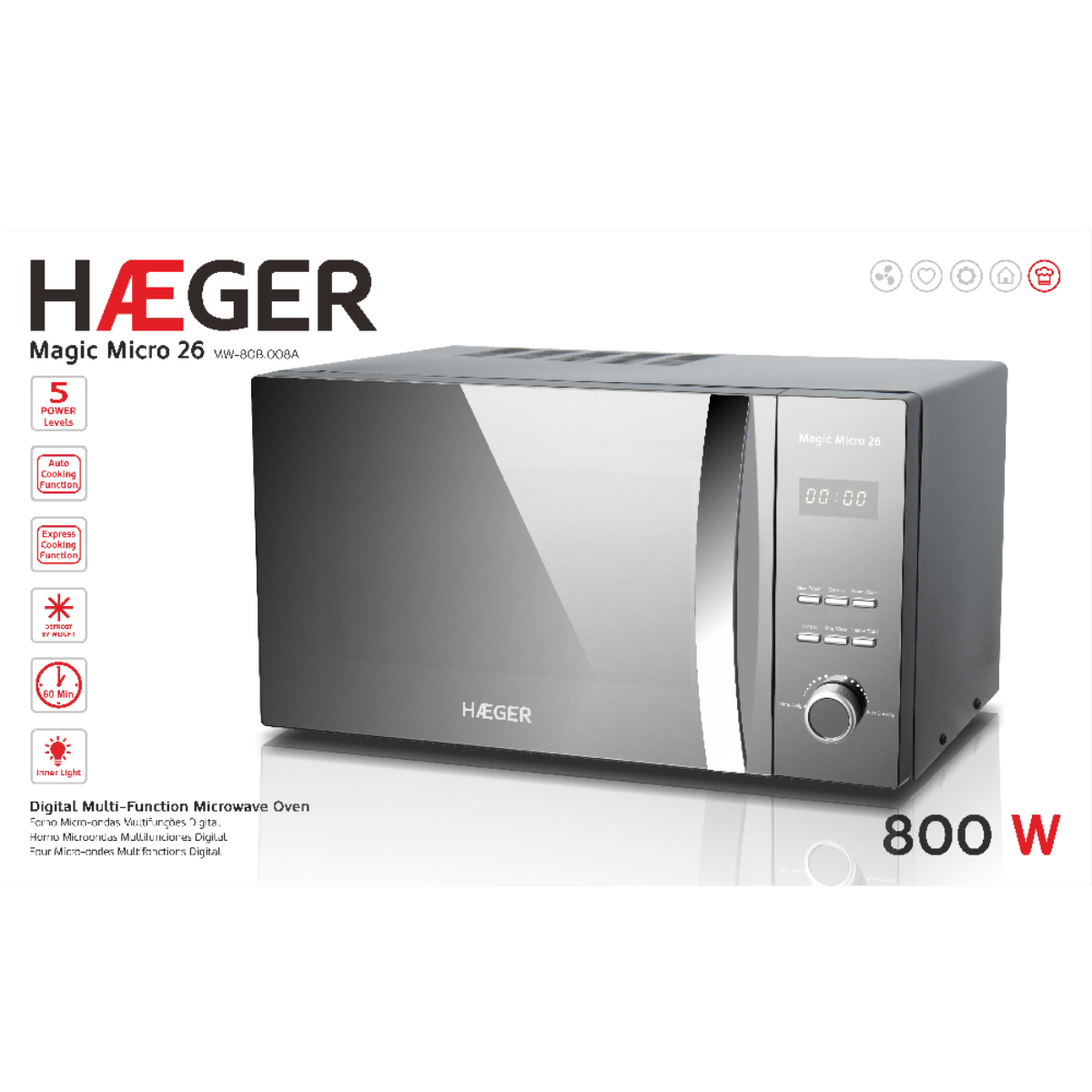 Czarny i srebrny piekarnik mikrofalowy, z wyświetlaczem cyfrowym i marką 'HAEGER' z przodu.