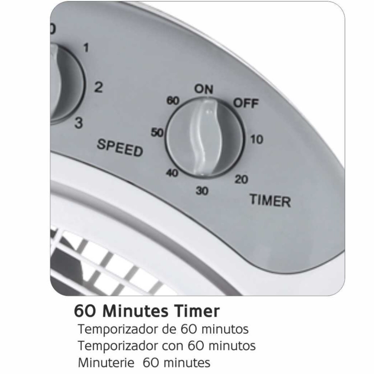 Zbliżenie pokrętła timera z ustawieniami prędkości i timera, białe tło.