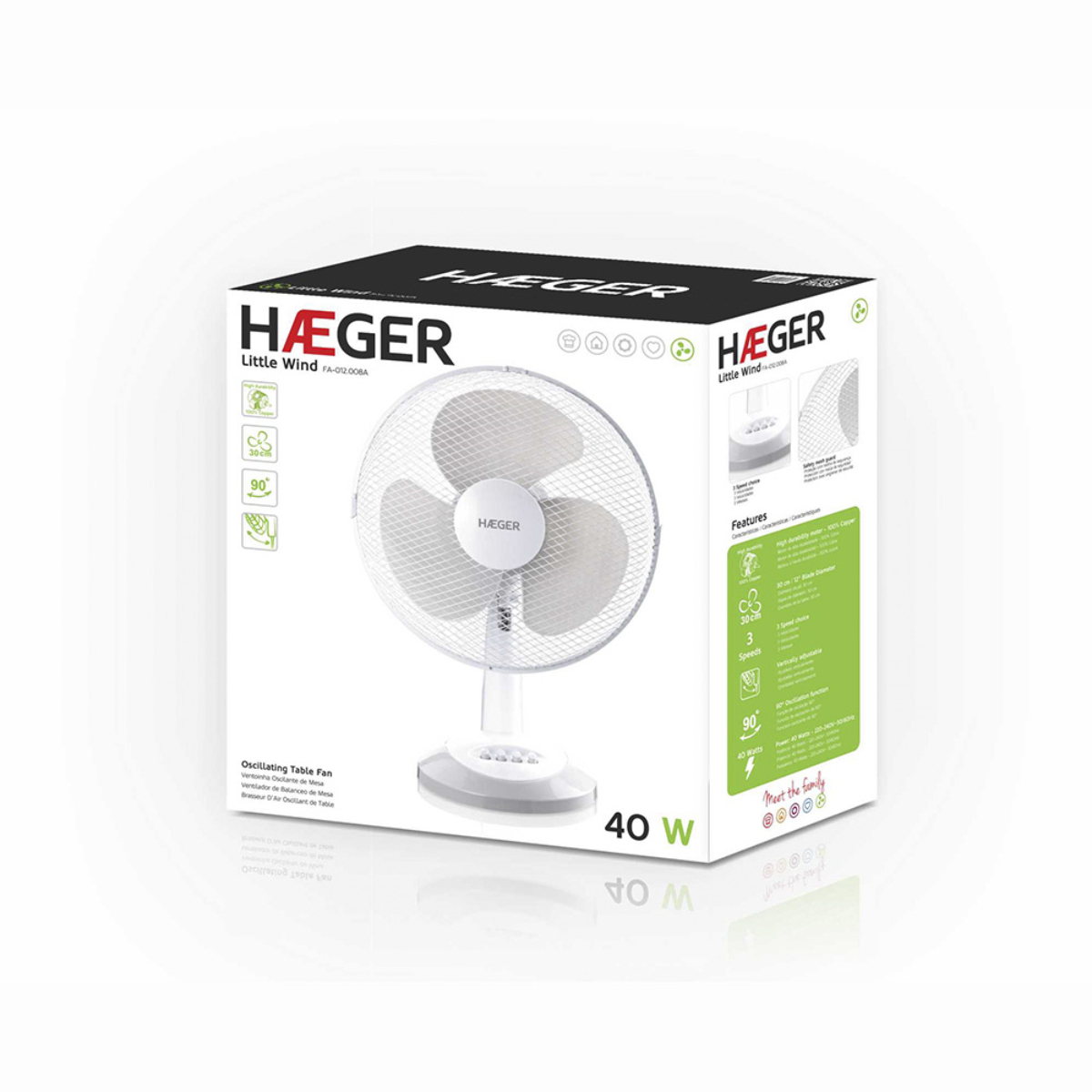 Ventilador de mesa blanco en caja, con características enumeradas, sobre un fondo blanco.