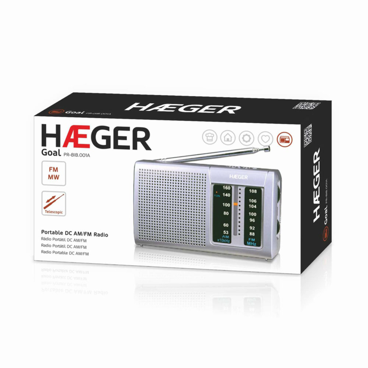 Una radio portatile argentata in una scatola, marchio HAEGER, con antenna telescopica, su sfondo bianco.