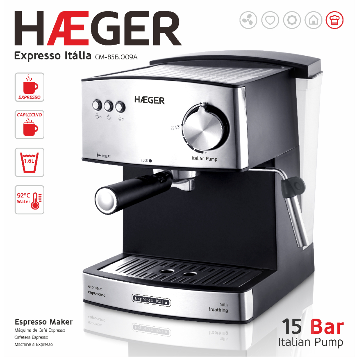 Macchina per caffè espresso, nera e argento, con quadrante, portafiltro e varie icone.