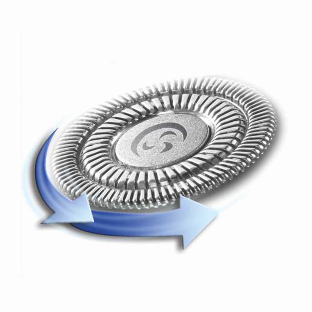 Cabezal de afeitado plateado y circular con ranuras internas e iconos de flecha azules que indican la dirección de rotación.
