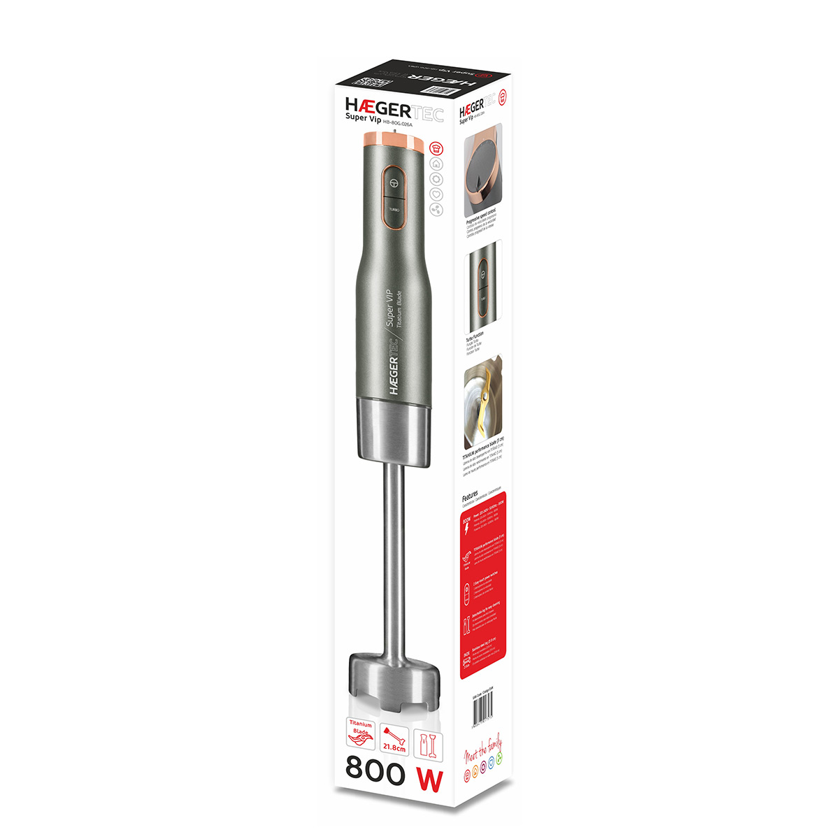 Batidora de mano gris y oro rosa, con caja, marca HAEGER Super VIP, con 800W de potencia.