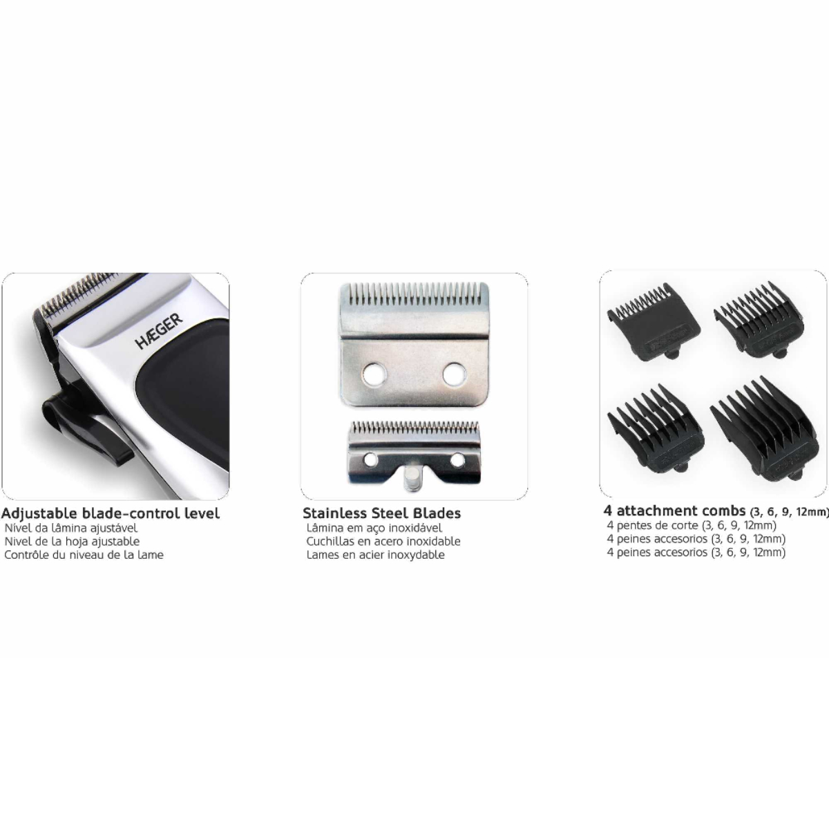 Primeros planos de cortapelos con cuchilla ajustable, cuchillas de acero inoxidable y peines.