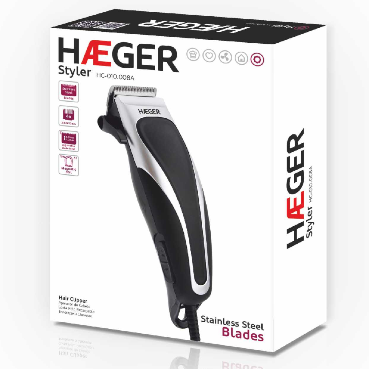 Caja con cortapelos HAEGER Styler, cuchillas de acero inoxidable.