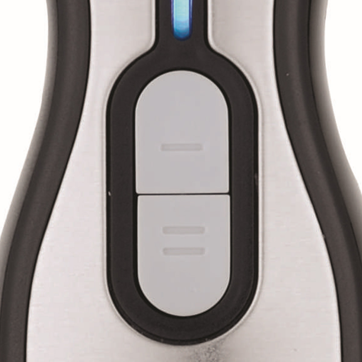 Zbliżenie przycisku urządzenia z dwoma szarymi prostokątami i niebieską lampką kontrolną.