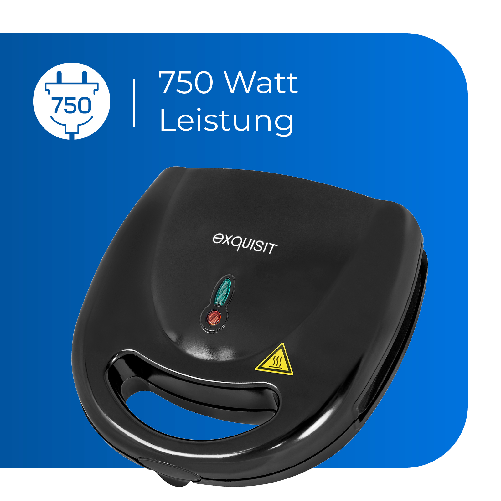 Schwarzer Sandwichmaker mit blauem Hintergrund und Text: 750 Watt Leistung.