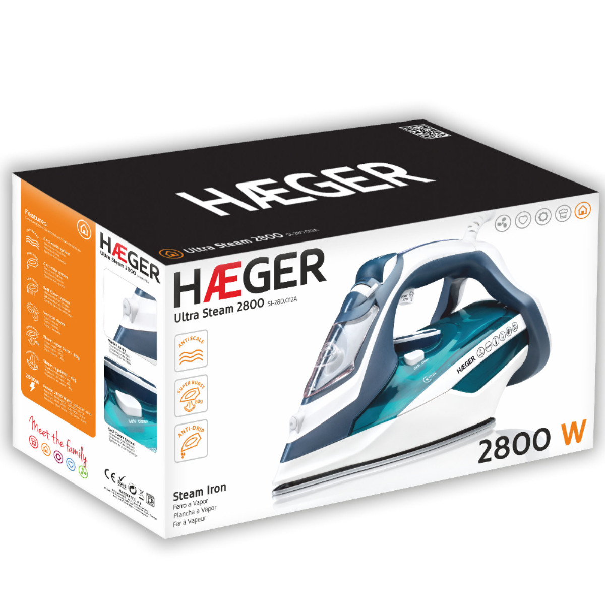 Verpacktes Häger-Bügeleisen. Das Bügeleisen ist weiß und blaugrün. Karton enthält Funktionen.