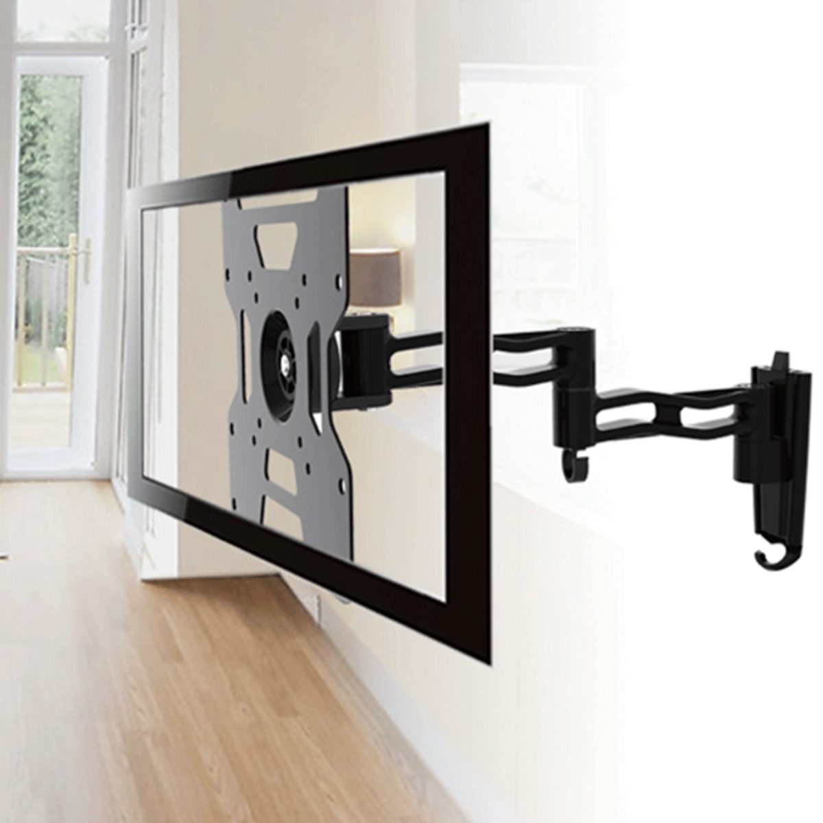 Un televisor montado en una pared usando un soporte negro. El televisor está en un salón.
