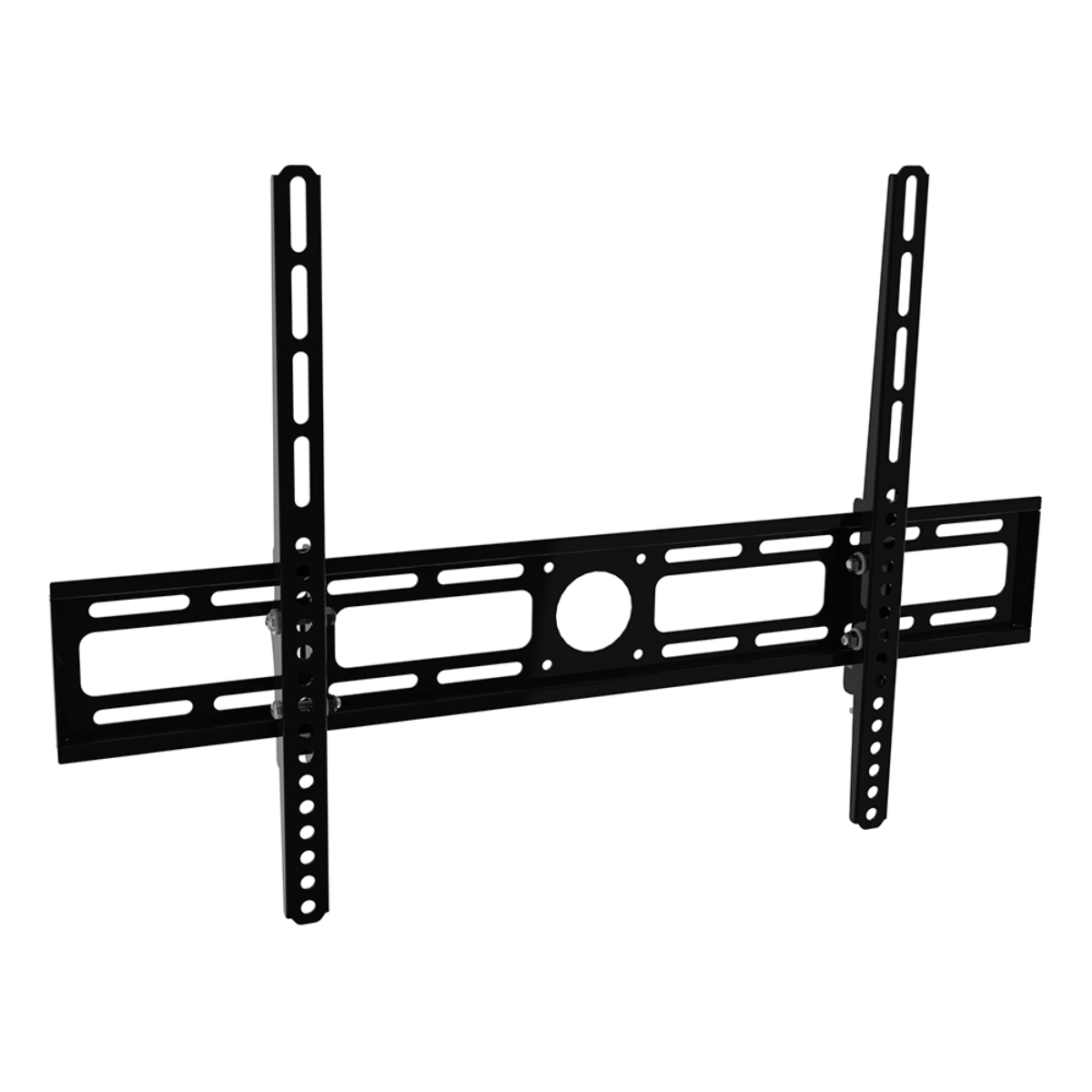 Un soporte de TV negro, con dos barras verticales y una horizontal. Está sobre un fondo blanco.