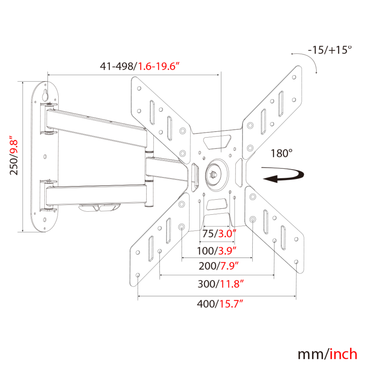 Diagramm einer TV-Halterung mit Maßen und Winkeln, in mm/Zoll-Einheiten.