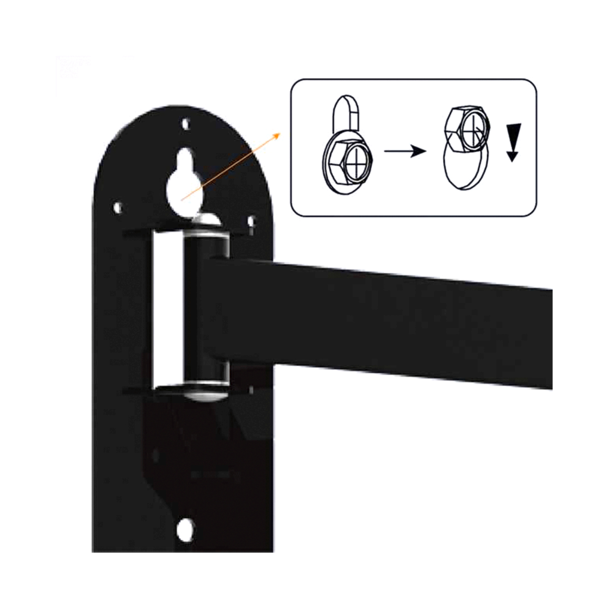 Diagramm zur Befestigung einer Halterung an einer Wand. Die Halterung ist schwarz, die Wand weiß.