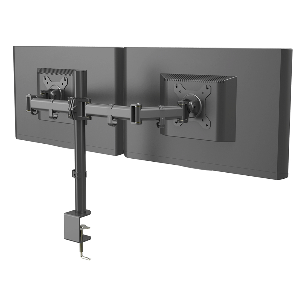 Eine Doppelmonitorhalterung. Zwei Monitore sind Rücken an Rücken am Ständer montiert.