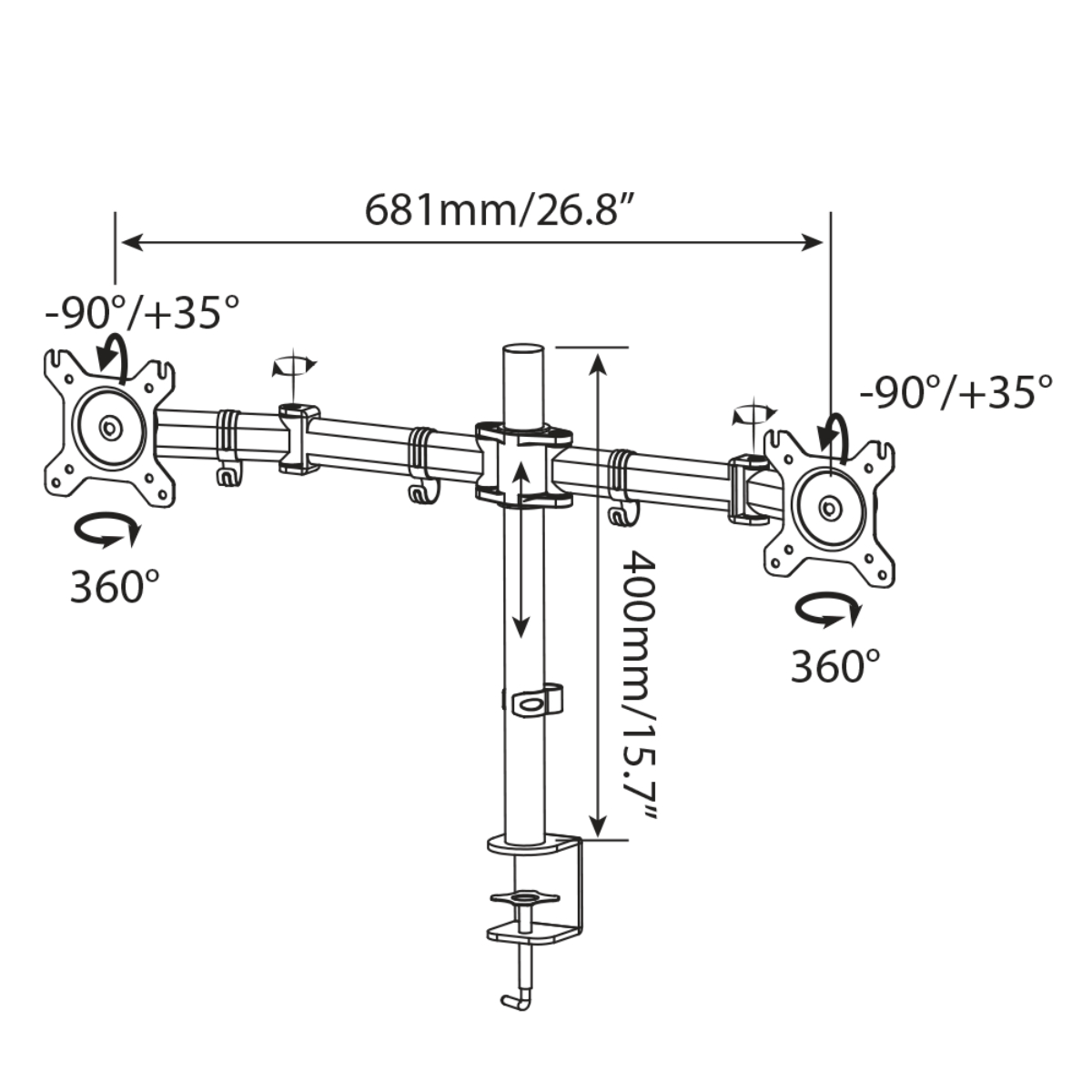 Diagramm eines Doppelmonitorarms mit Maßen, Rotationsgraden und Klemme.