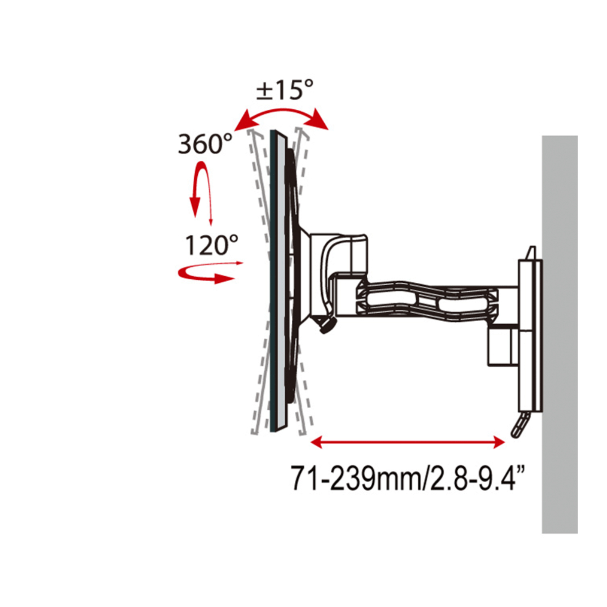 Diagrama de un soporte de pared para TV que muestra ángulos ajustables y dimensiones en milímetros y pulgadas.