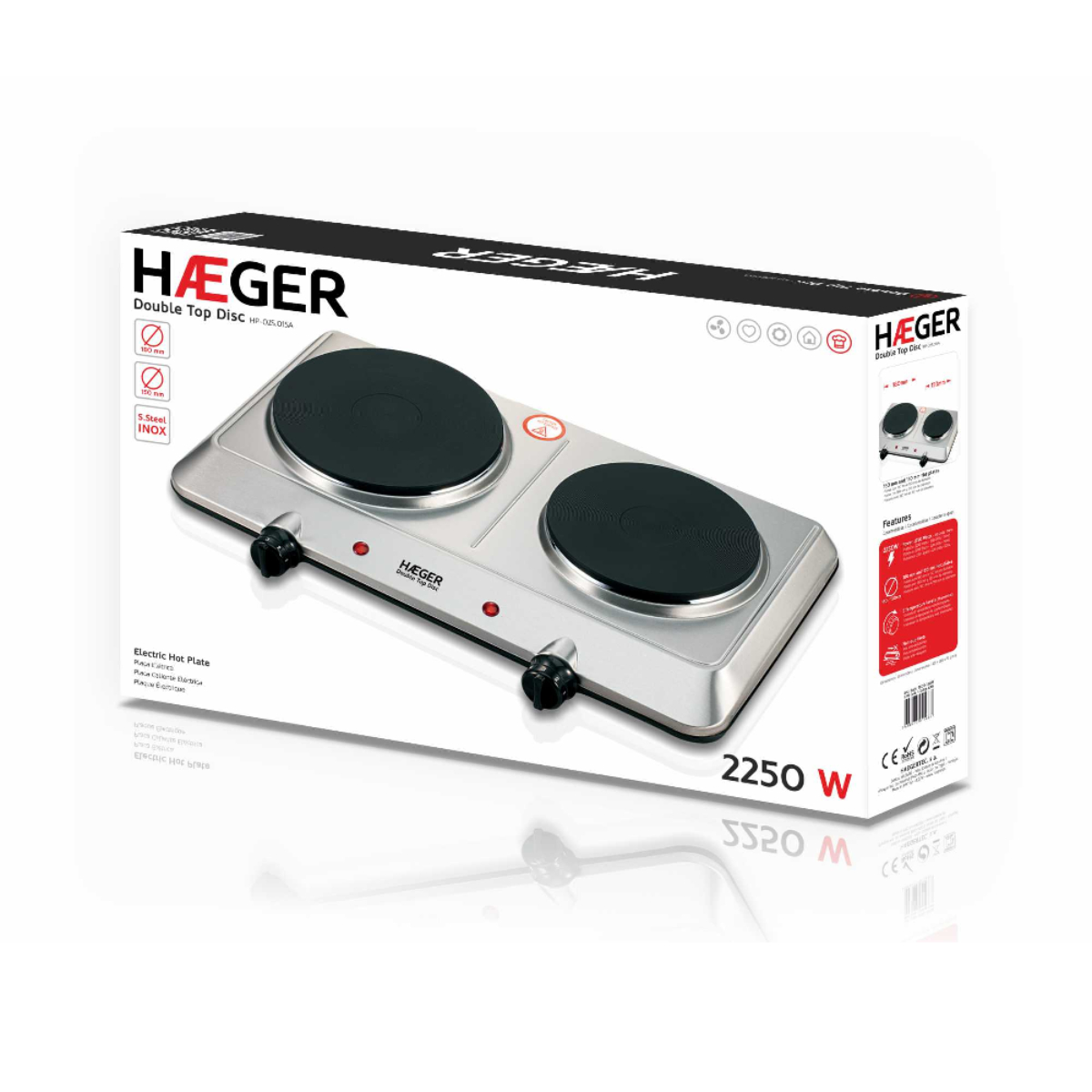 Srebrna i czarna podwójna płyta grzewcza w pudełku, z marką 'HAEGER'.