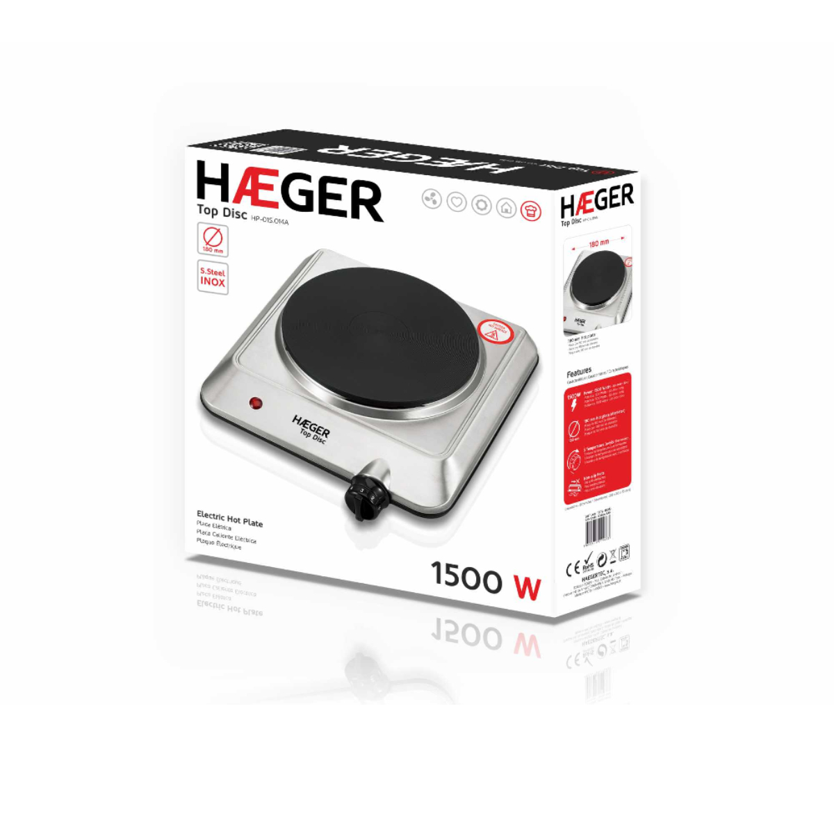 Elektryczna płyta grzewcza Häger w pudełku. Srebrna płyta z czarnym środkiem. 1500W.