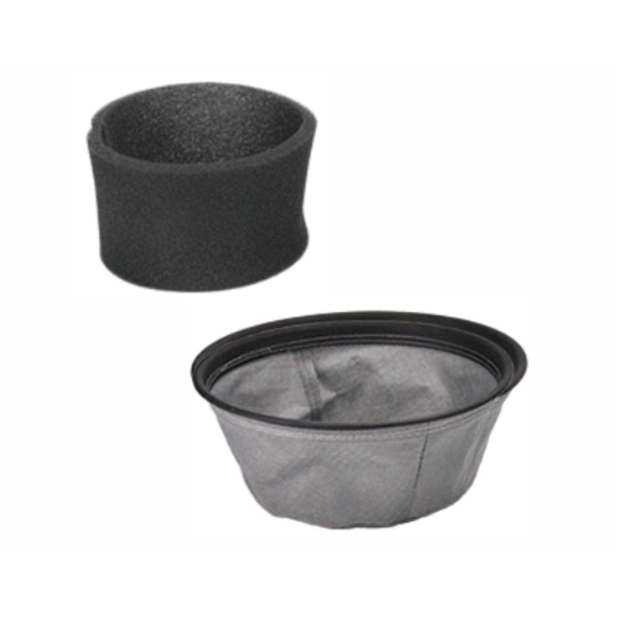 Dos componentes de filtro: un cilindro de espuma negra y un filtro de tela gris con borde negro.