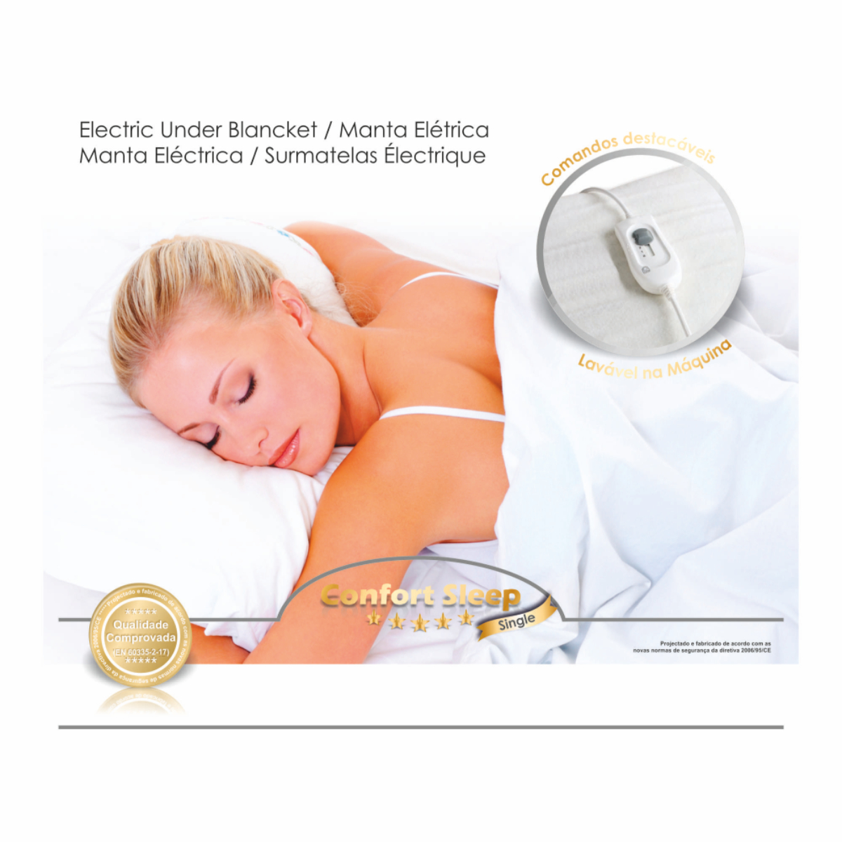 Kobieta śpiąca pod białym kocem elektrycznym. Koc ma kontroler.