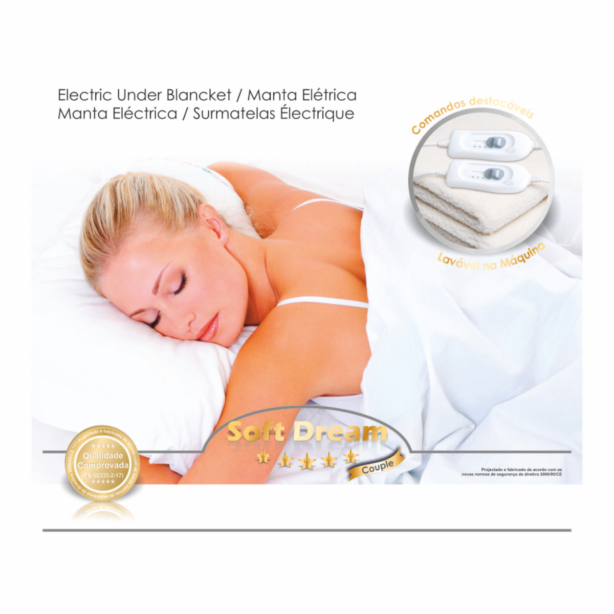 Mujer durmiendo bajo una manta blanca, con imagen de producto de manta eléctrica.