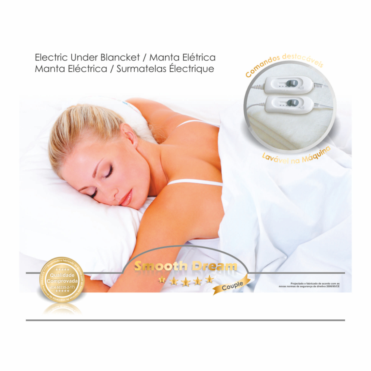 Kobieta śpiąca pod białym elektrycznym kocem. Widoczne są przyciski sterowania.