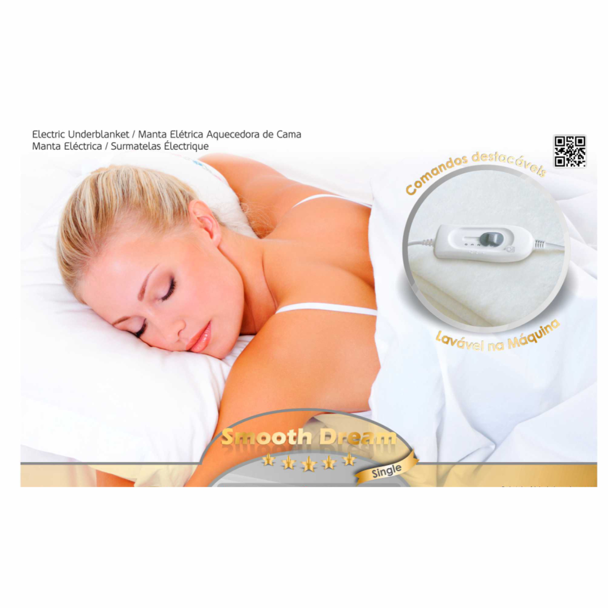 Kobieta leżąca na łóżku, przykryta białym kocem elektrycznym z panelem sterowania.