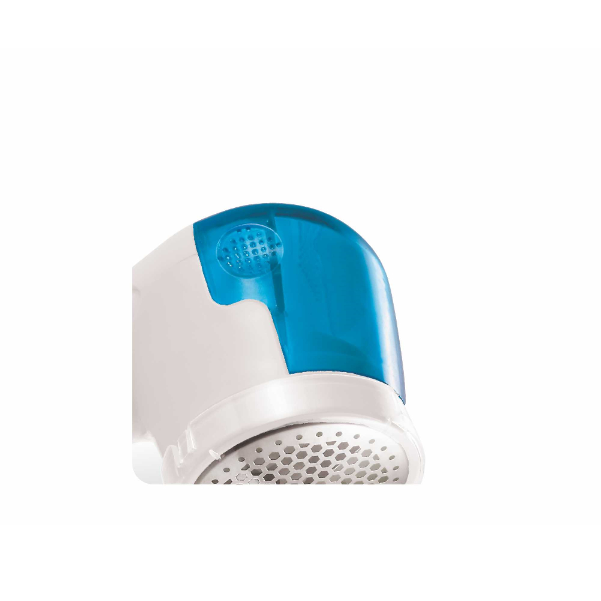 Un primer plano de un quitapelusas. Es blanco con una parte superior azul, sobre un fondo blanco.