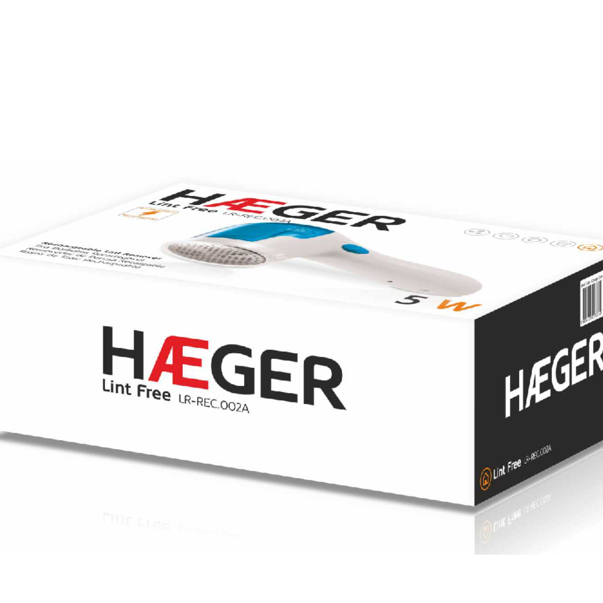 Caja de removedor de pelusa blanca y azul, con la palabra HAEGER y el dispositivo.