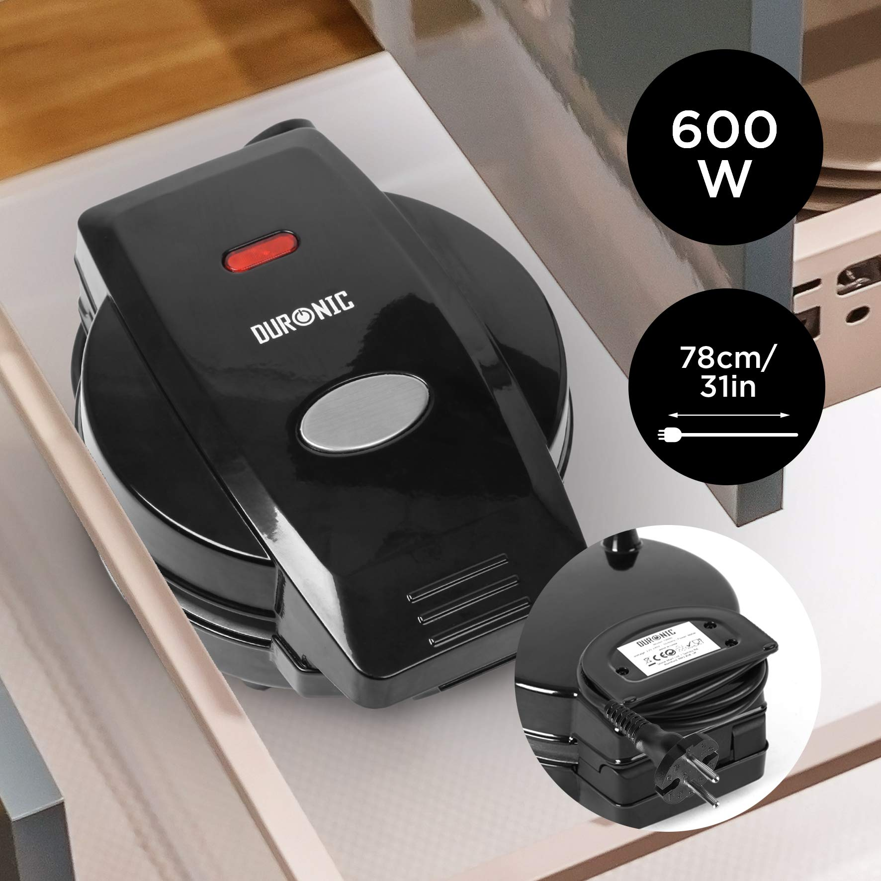 Schwarzer Waffeleisen auf weißer Oberfläche, mit Leistungs- und Größenangaben. Ein Netzkabel ist abgebildet.