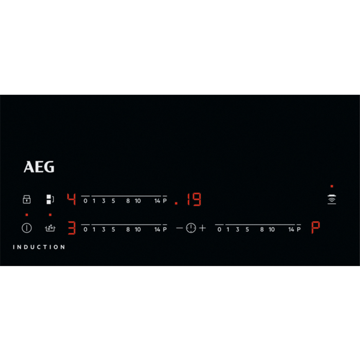 Placa de inducción negra con pantalla iluminada y logo AEG.