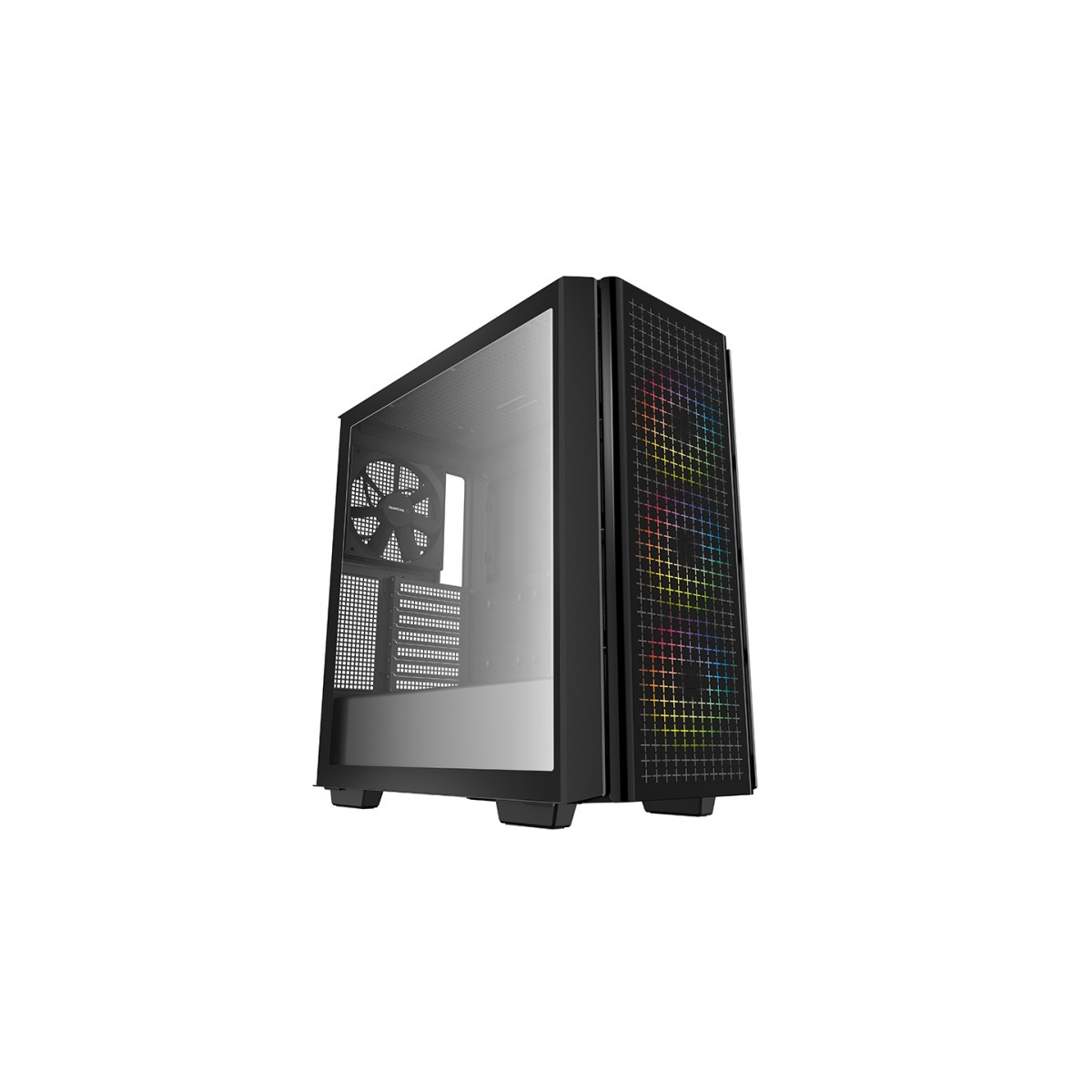 Zwarte computerkast met een glazen zijpaneel en een mesh voorpaneel.
