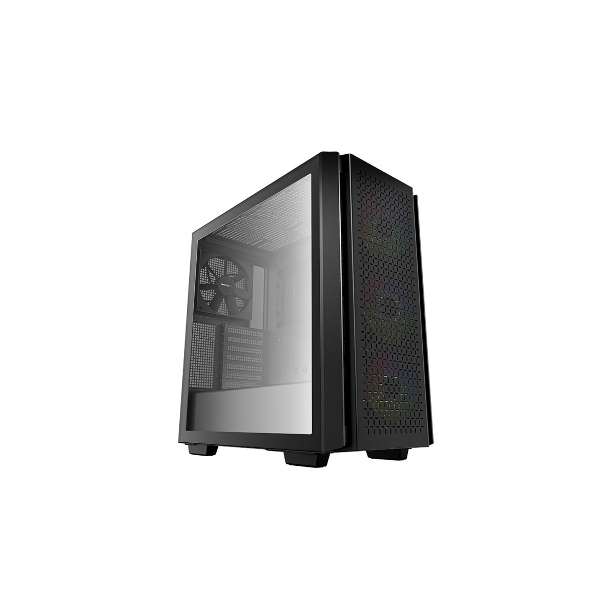Case per computer nero con pannello laterale in vetro e pannello frontale a rete.