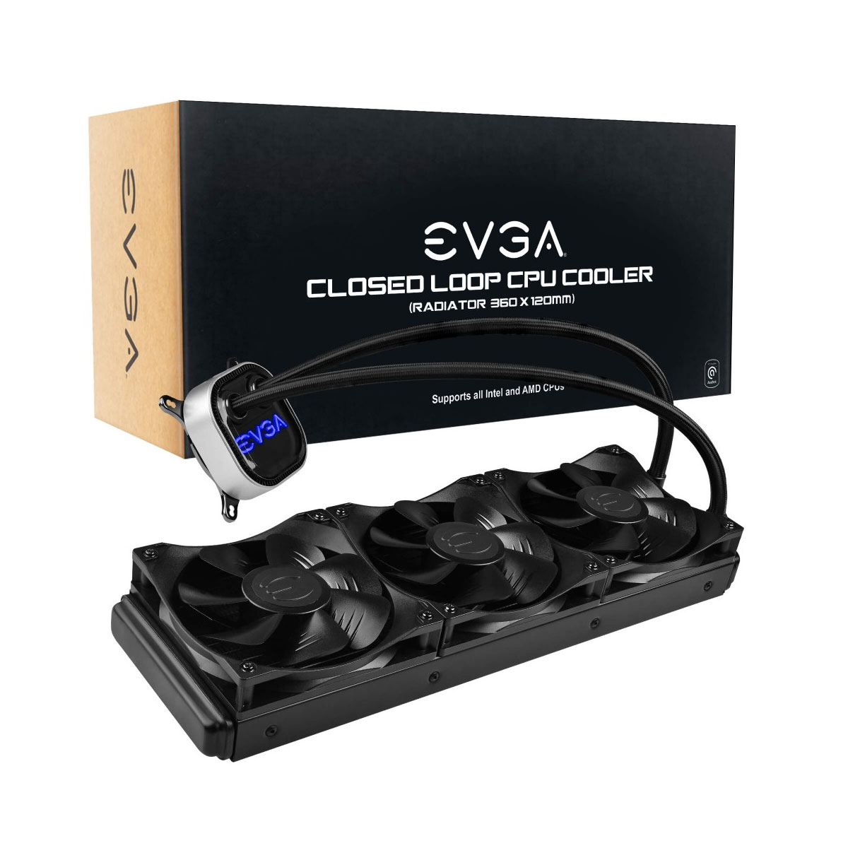 Una scatola di un dissipatore CPU e il dissipatore stesso con ventole, tubi e display illuminato.