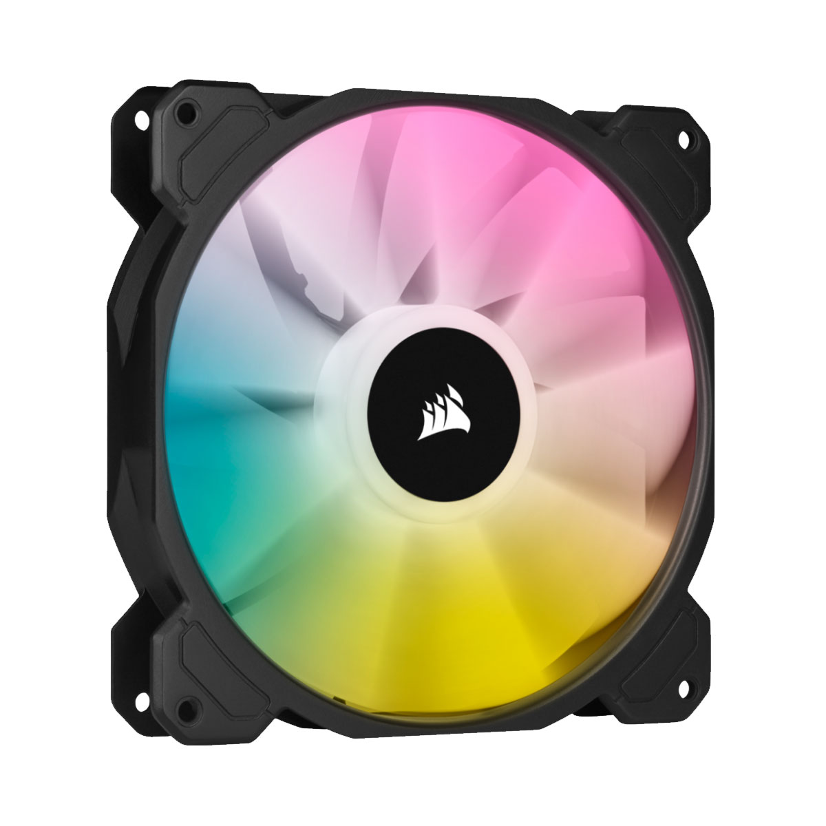 Ventola per computer nera con illuminazione LED colorata.