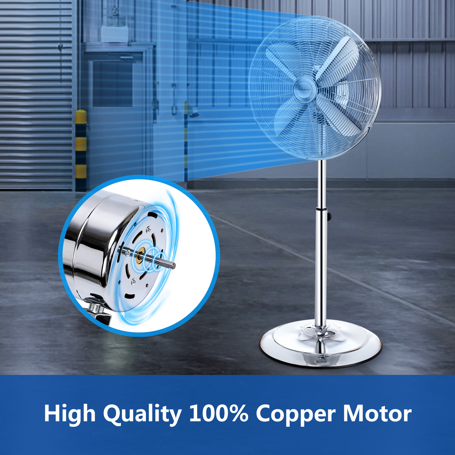 Ventilatore argentato con una luce blu. Un motore è mostrato in un cerchio. Testo: Motore in rame 100% di alta qualità. Lo sfondo è grigio.
