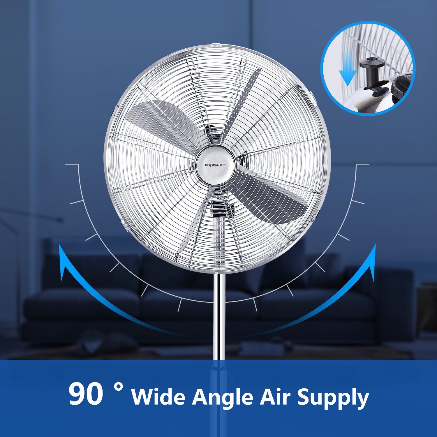Ventilatore industriale argentato con un design circolare ampio. Frecce indicano il flusso d'aria a 90°.