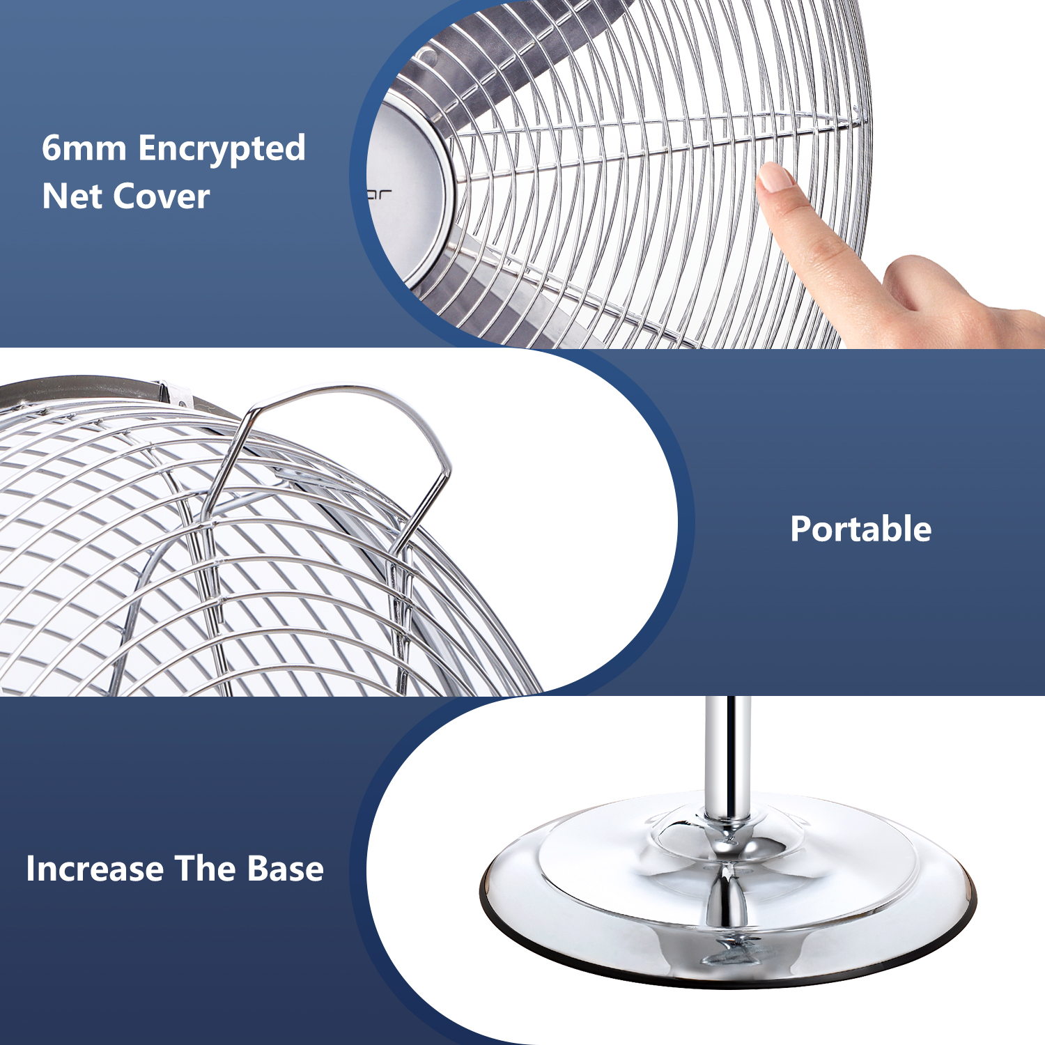 Primo piano di un ventilatore argentato con un dito che indica la rete protettiva.