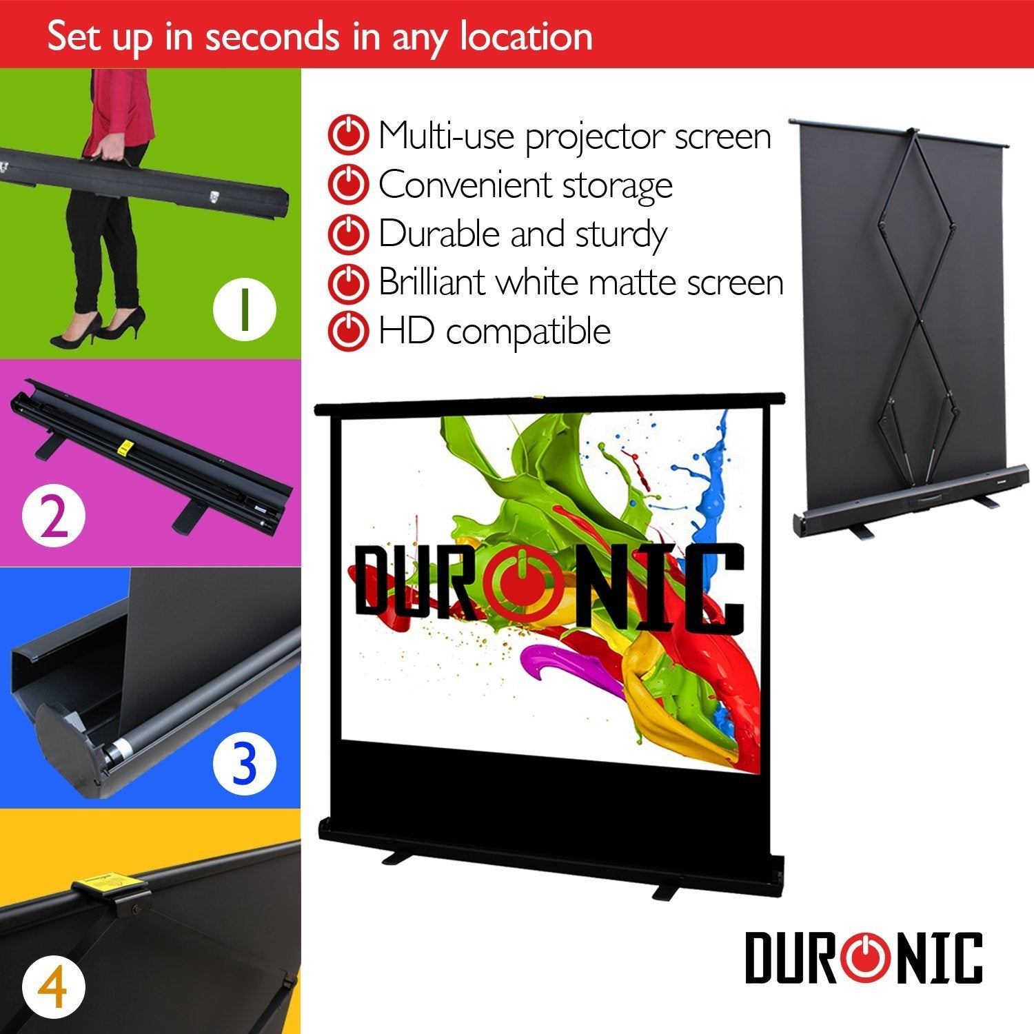 Guía de configuración de la pantalla del proyector. Pantalla, soporte y estuche. Fondo blanco.