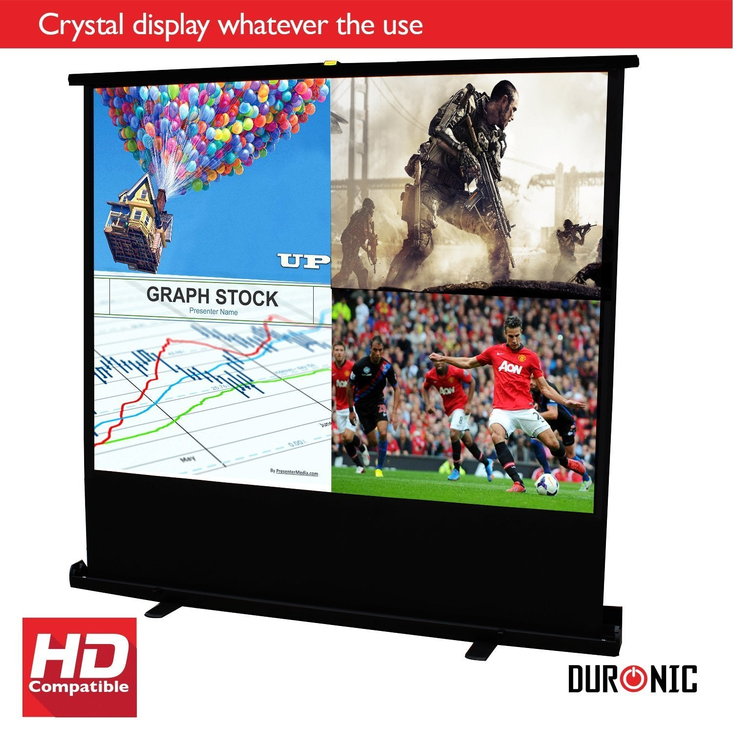 Una pantalla de proyector con cuatro imágenes y el logotipo compatible con HD en la parte inferior izquierda.