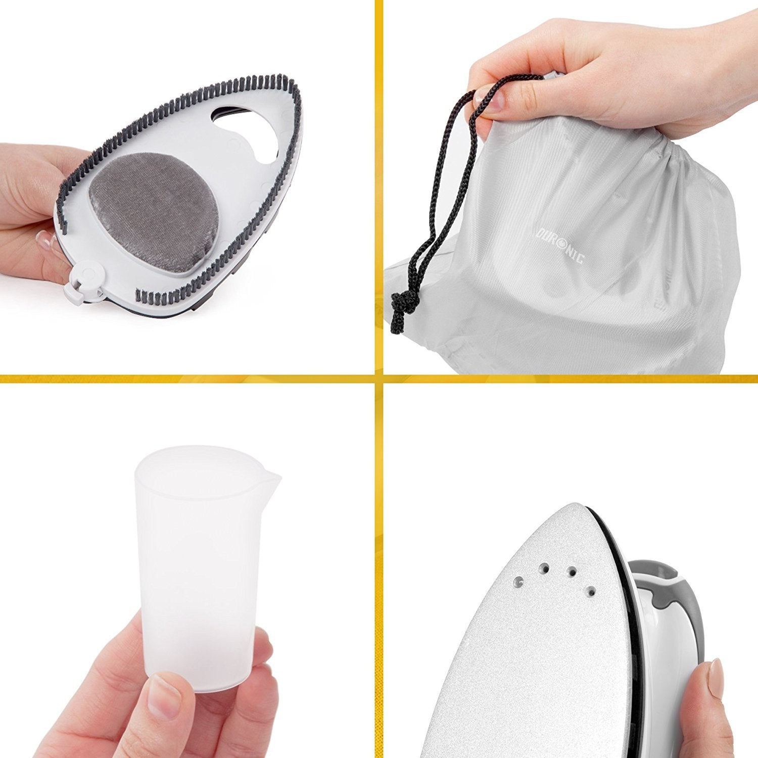 Vier Bilder mit Bügeleisenzubehör, darunter eine Reinigungsbürste und ein Wasserkrug.