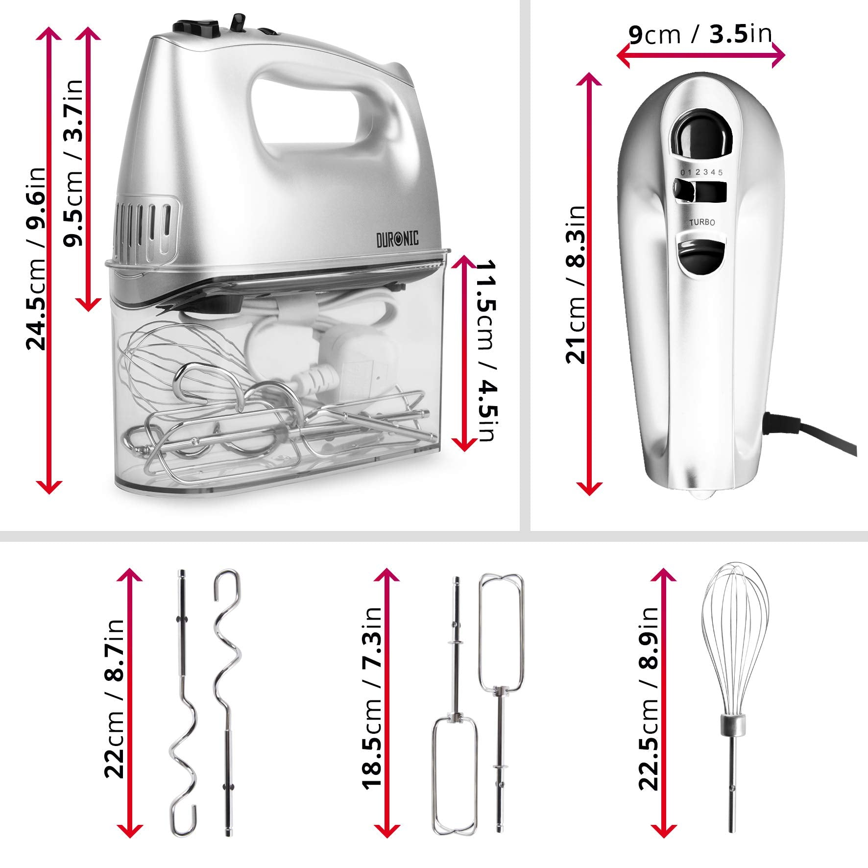 Handmixer mit Aufsätzen und Maßen. Enthält Haupteinheit, Schneebesenaufsätze und Abmessungen in cm und Zoll.