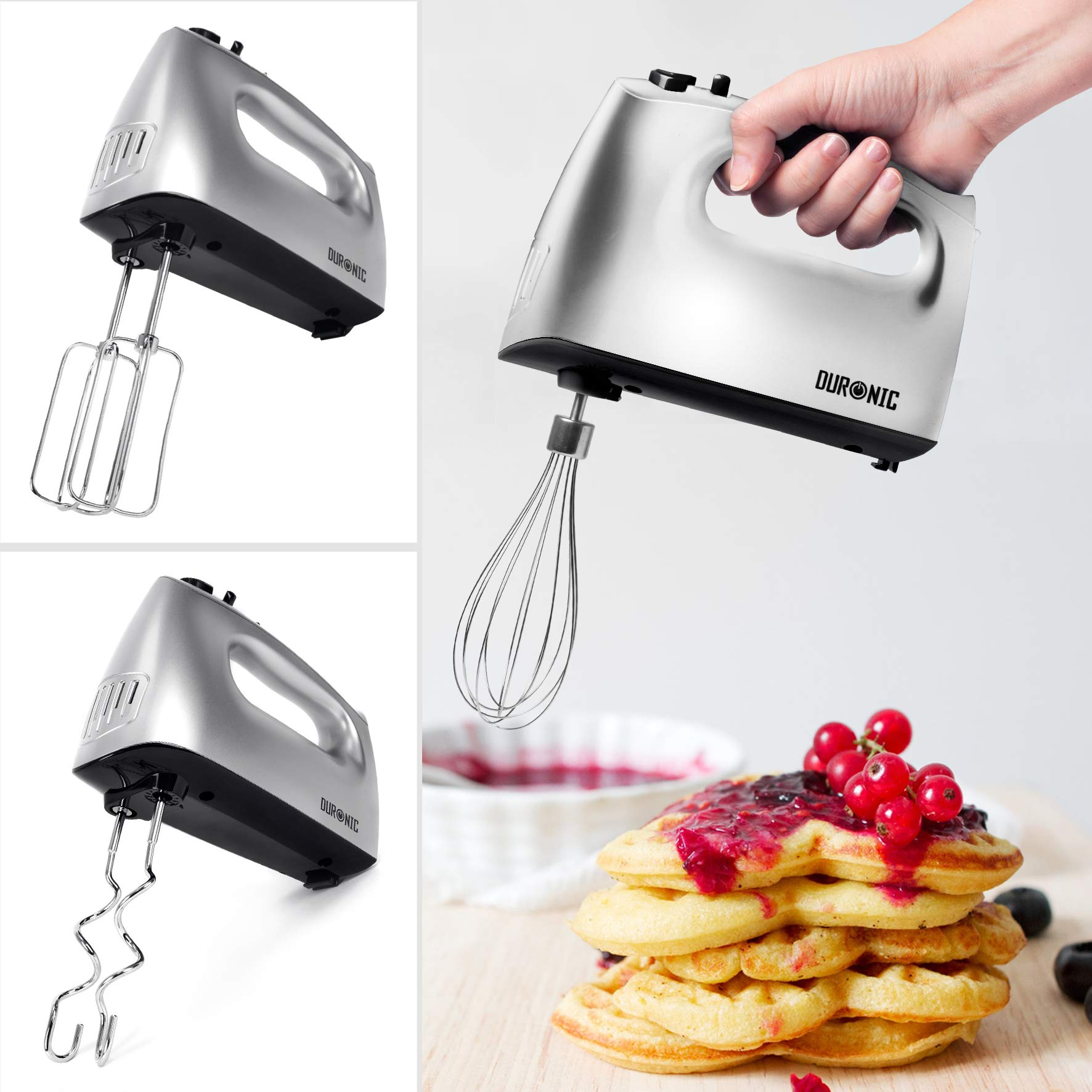 Mehrere Bilder eines silbernen Handmixers mit verschiedenen Aufsätzen und gemischten Lebensmitteln.