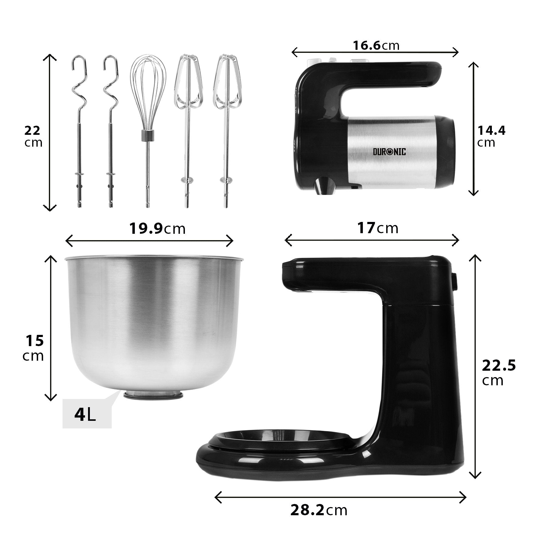 Schwarzer und silberner Duronic-Küchenmixer mit Maßen und Zubehör auf weißem Hintergrund.