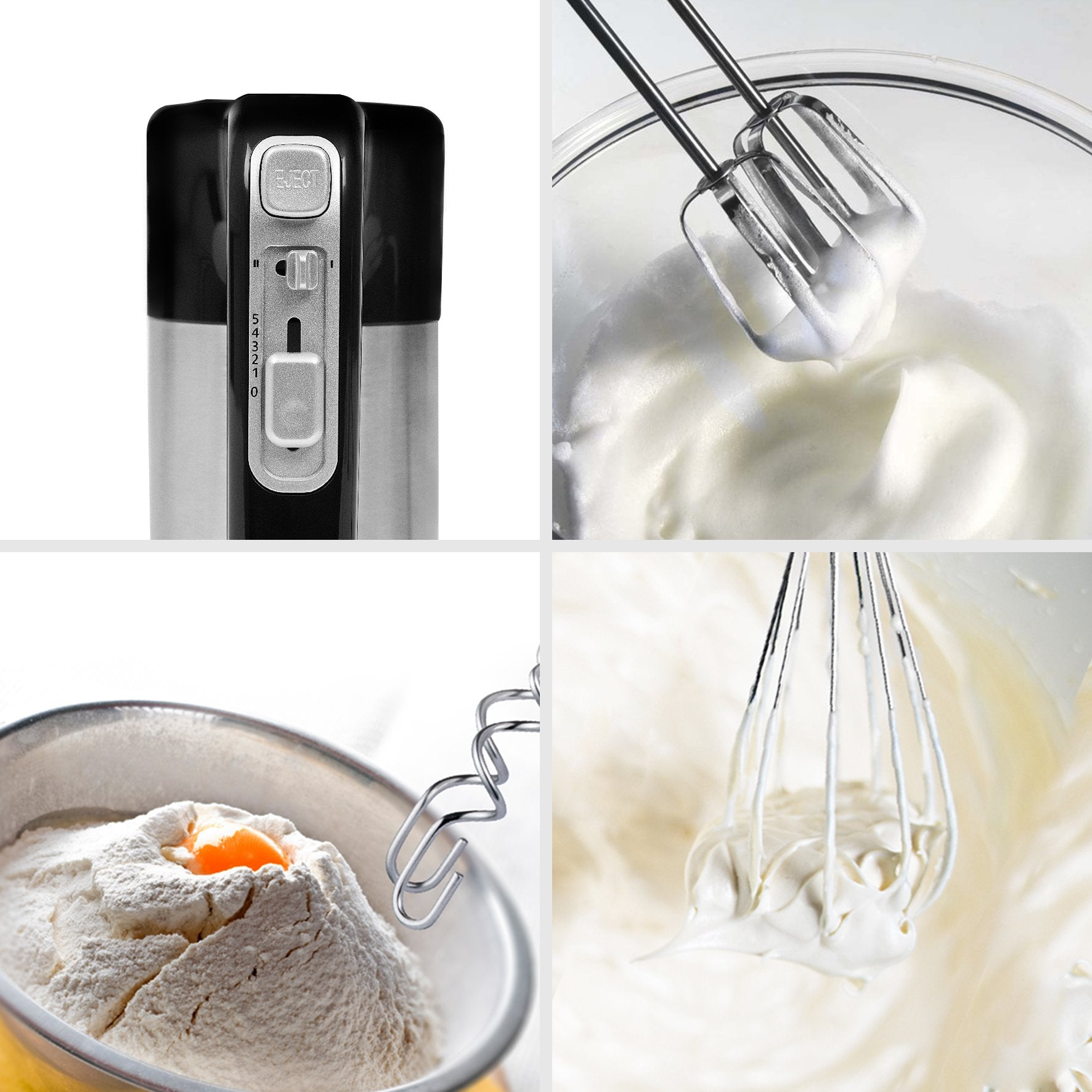 Collage von Handmixer-Komponenten: Mixergehäuse, Eier schlagen, Sahne schlagen und Mehl mit Ei.